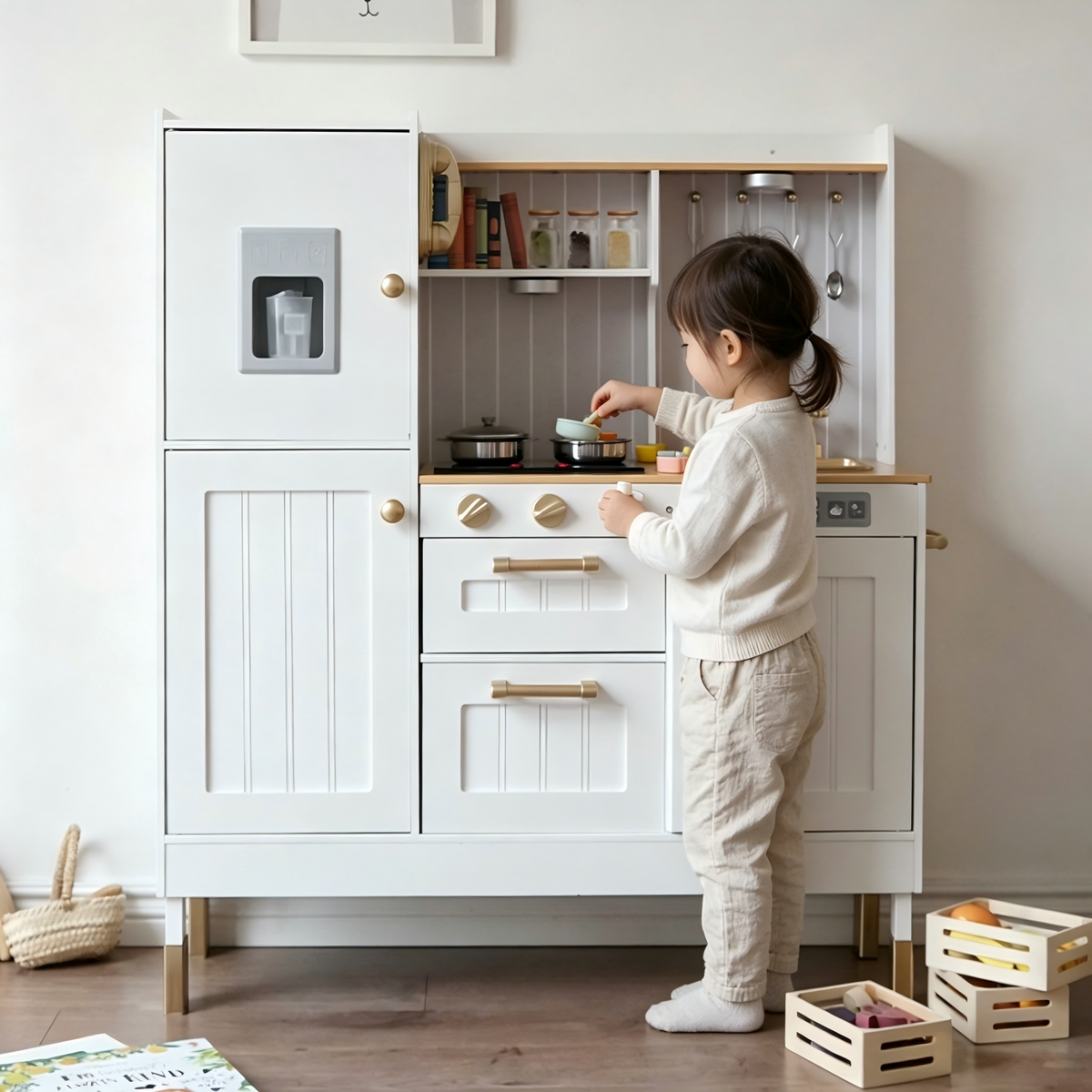 Toddler cooking at the stovetop of the Kidolapp wooden toy kitchen