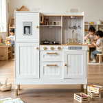 Kidolapp Little Chef white wooden play kitchen with fridge, gold faucet, stovetop and oven