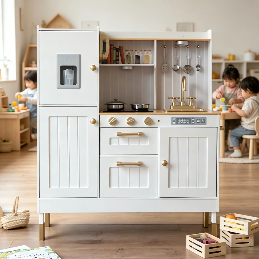 Kidolapp Little Chef Wooden Play Kitchen with Fridge, Ice Dispenser & Gold Faucet – White